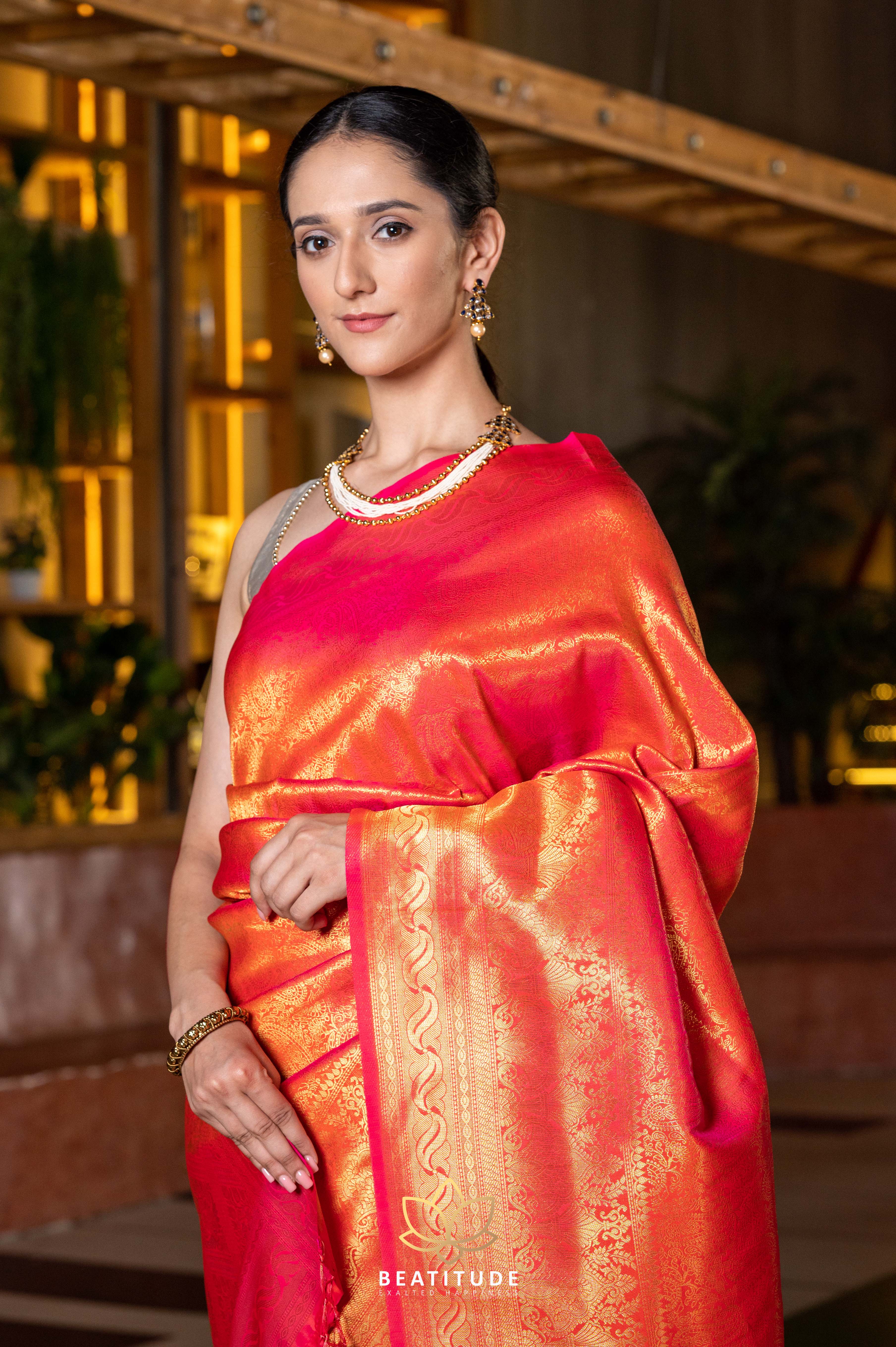 Kanjivaram Silk Orange Handloom Saree – Sunasa